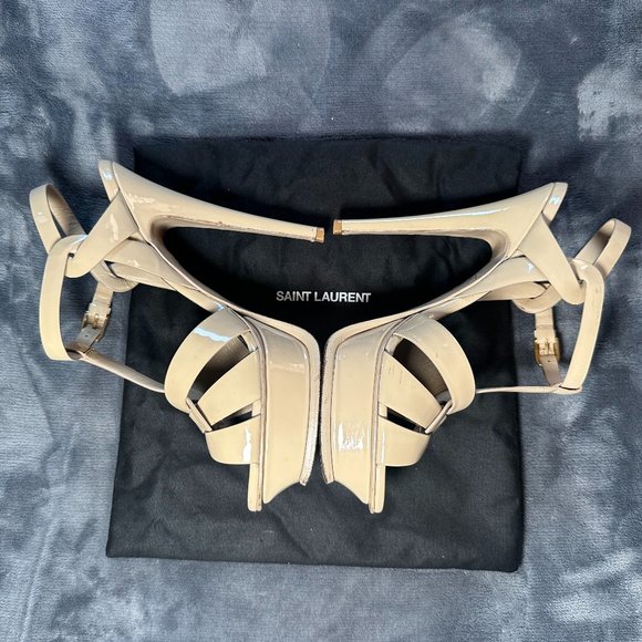 SAINT LAURENT YSL Tribute Platform Leather Sandal Nude Size 37.5, w/ Box & Bags - Picture 6 of 14